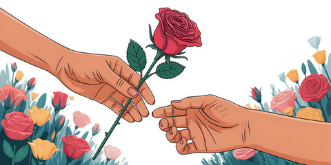 Hand giving single red rose to another, romantic gesture of love