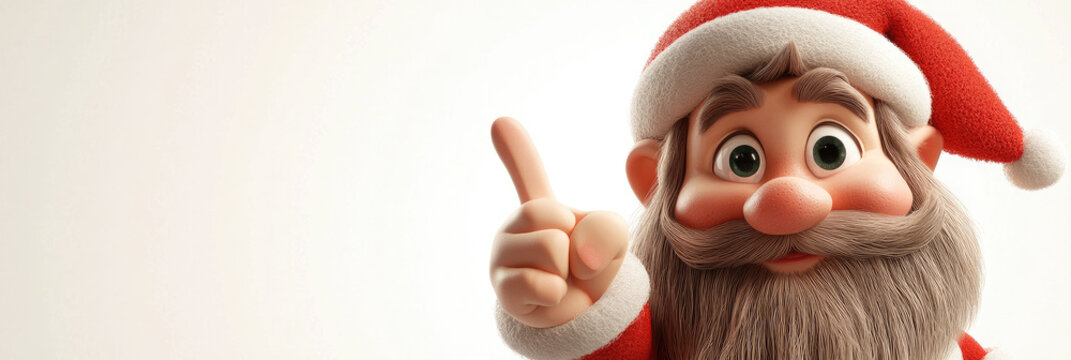 funny cheerful elf-gnome in santa hat Christmas character with surprise face pointing finger to the side, 3d illustration, playful holiday pose, isolated on white background with copy space