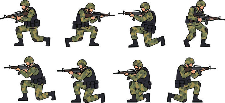 Modern military soldiers in action poses ready for combat and warfare scenarios isolated on transparent background