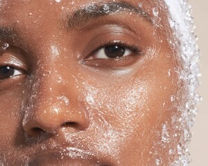 Fototapeta premium Close-up macro photo of mixed race woman with icy glow and frosted detail. Cinematic blue light highlights fresh, premium cryo skincare style
