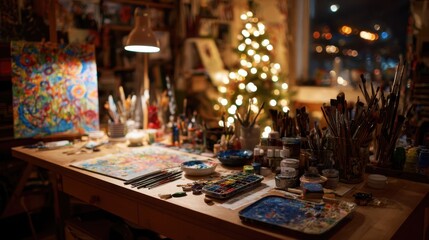 Colorful artist studio with vibrant paints, brushes, and canvases on a wooden table, illuminated by warm light, creating a cozy and inspiring creative atmosphere