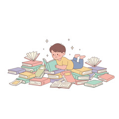 A cute cartoon boy happily reading a book while lying on a large pile of colorful books, surrounded by sparkling stars.