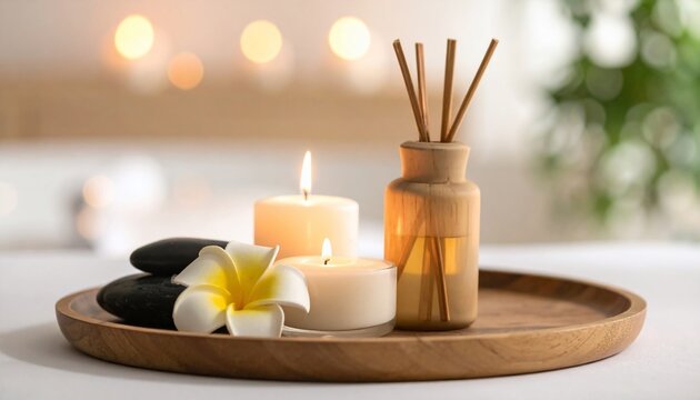 Serene spa-like arrangement with candles, stones, and a diffuser on a wooden tray