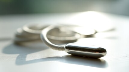 osmium. Polished metal aglet at the end of a white shoelace with metallic texture. lifestyle magazines, social media lookbooks, designed for lifestyle magazines and social media content.
