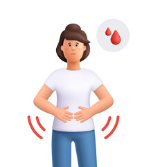 Sad woman Jane with abdominal pain holding her stomach. Menstrual cramps, period pain, menstruation, female health and monthly cycle concept. 3d vector people character. Cartoon minimal style.