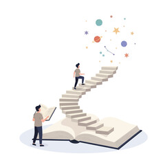 Person reading a book with a spiral staircase leading to celestial objects, symbolizing knowledge and imagination.