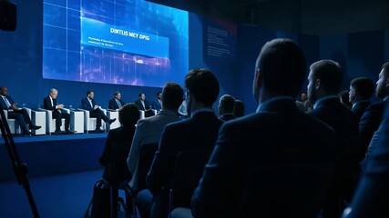 Business conference and corporate forum with leaders on stage, audience attending professional presentation and global economic discussion - Powered by Adobe