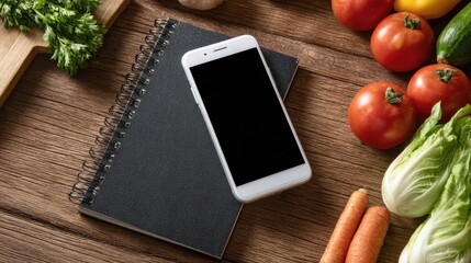 Smartphone mock up placed on a black notebook surrounded by fresh vegetables including tomatoes, carrots, and lettuce on a wooden kitchen table, ideal for culinary content creation