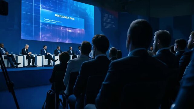 Business conference and corporate forum with leaders on stage, audience attending professional presentation and global economic discussion