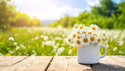 Springtime concept with fresh white chamomile flowers arranged in a vibrant purple teacup atop a rustic wooden table in a garden, with blurred chamomile field background