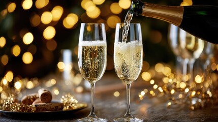 Sparkling champagne being poured into elegant flutes, surrounded by festive decorations and soft bokeh lights, creating a celebratory atmosphere for special occasions