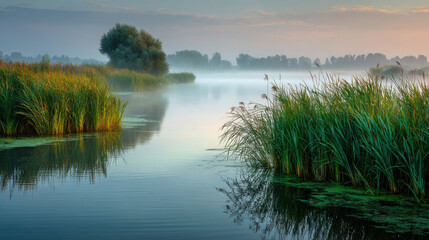 Obraz premium The serene river is shrouded in a light morning mist as the sun begins to rise, illuminating the tall reeds and green foliage along the tranquil waters edge.
