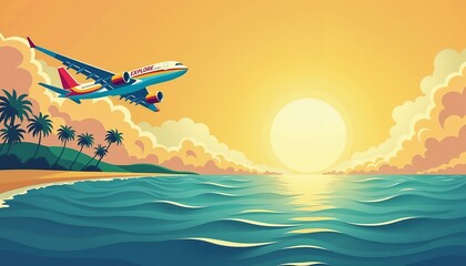Colorful airplane flying over tropical ocean at sunset in vibrant travel poster style