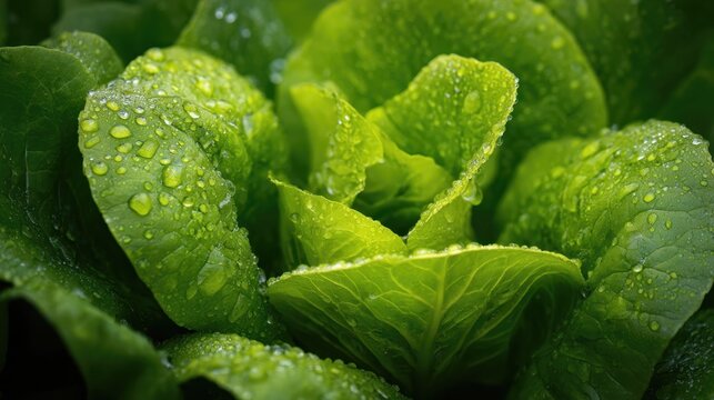 Fresh green lettuce leaves glistening with water droplets, showcasing vibrant textures and natural beauty, perfect for culinary and health-related themes in food photography