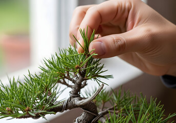 Bonsai tree care nurturing miniature plant hand pruning concept