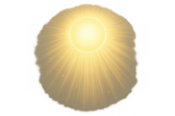 Golden glowing circle creating light rays and sunbeams with dust particles, shining and illuminating effect on transparent background