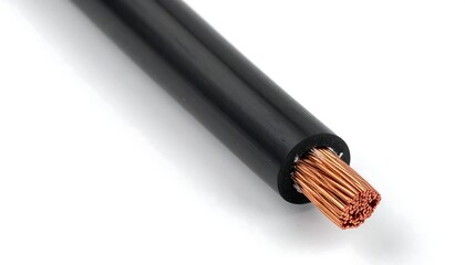 Close-up of a thick black insulated wire revealing intertwined copper strands at the cut end on a white surface