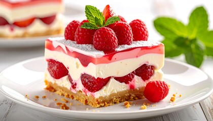 A layered dessert on a plate, featuring raspberries, cream, and glaze. Mint leaf garnish