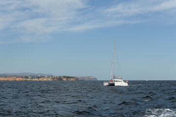 Sailing catamaran off the Black Sea coast in Sevastopol, Crimean Peninsula