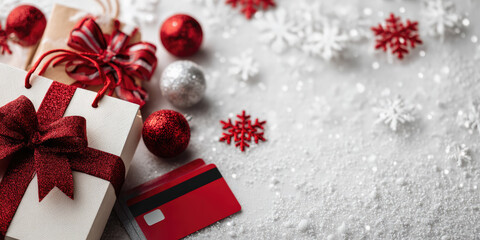 Capturing a festive Christmas online shopping scene with gift boxes adorned with red bows, shopping bags, and a credit card on a snowy white background