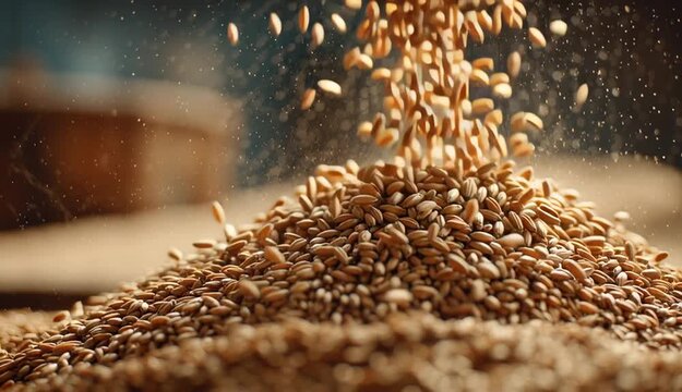 Pouring wheat or barley seeds into a large pile after a successful harvest. Concept of food supply, agribusiness, and commodity trading