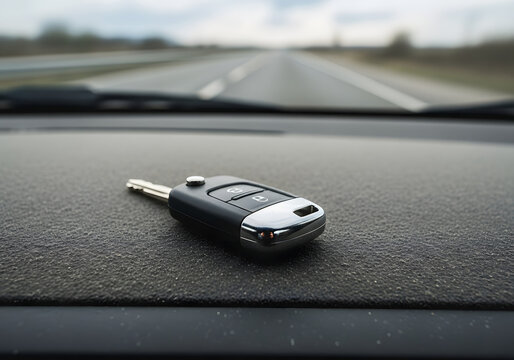 Car key on dashboard with road view driving transportation