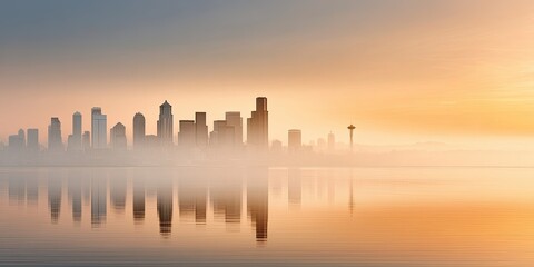 Urban skyline at sunrise with reflections in water and soft fog creating a serene atmosphere