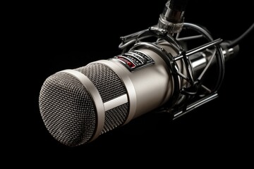 Studio condenser microphone against black background with copy space on the left