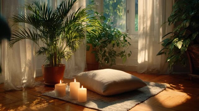 Serene indoor meditation corner with pillow candle plant sunlight. holistic longevity cushion and candlelight creating peaceful