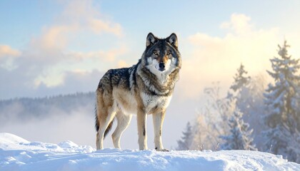 Naklejka premium Majestic Wolf in Snowy Landscape: A lone wolf, a symbol of resilience, stands proudly on a snow-covered hill, its gaze fixed ahead against a backdrop of a bright sky and frosted trees.