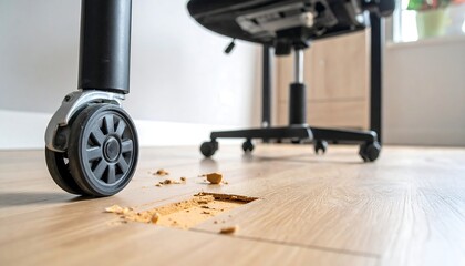 Close-up of an office chair wheel near a damaged section of light wood flooring in a domestic setting