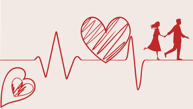 Romantic heartbeat lifeline with loving couple, perfect for Valentine's Day graphics, wedding invitations, or heartfelt greeting cards conveying love and connection