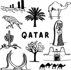 Hand-drawn Qatar doodle landmarks and symbols illustration.eps