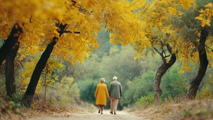 Holistic longevity couple walking autumn forest serene connection calm mood elderly couple autumn trees walking path yellow