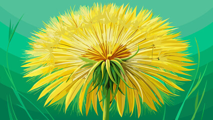 Obraz premium Very beautiful close-up of a dandelion with bright yellow petals and feathery seeds, contrasting gently against a soft, washed-out green background in natural sunlight.