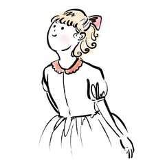 Little girl wearing dress looking up to the sky wearing cute dress and little bow on the hair