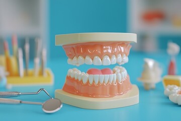 Dental model and tools displayed on a blue backdrop illustrating the concept of dental hygiene and practices
