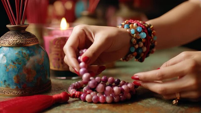 Aromatic altar mala bead rosary meditation and prayer hands arranging pink beaded mala for holistic longevity, rustic candle