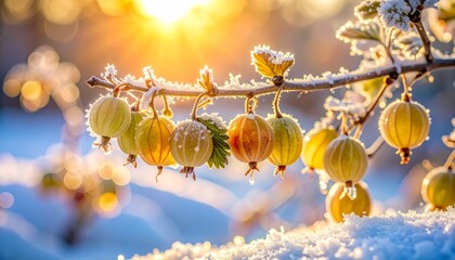 Frost-covered gooseberries glistening in the sunlight during winter morning