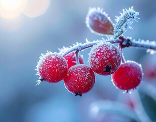 Frost-covered red berries glistening in winter sunlight among icy branches