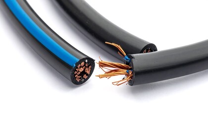 Close-up of cut black cables with exposed copper wires, one with a blue stripe on white background