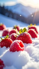 Fresh strawberries resting in snow against a mountain backdrop during winter sunlight