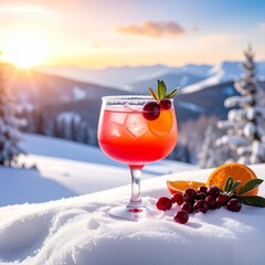 Refreshing winter cocktail in snowy mountain landscape at sunset