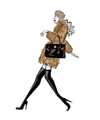  A girl walking in her high knee boots along with her black birkin bag and long fur coat and hat