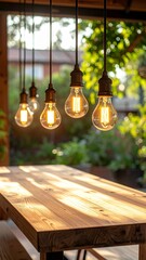 Warm lighting enhances outdoor gathering area with wooden table in a garden setting