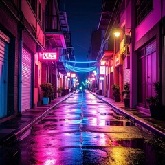 Vibrant neon lights illuminate a quiet alleyway after rain at night