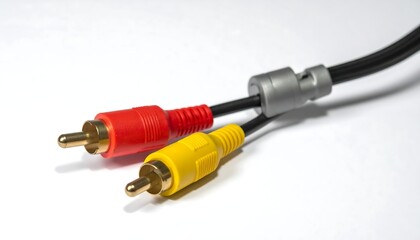 Close-up of red and yellow RCA connectors with gold tips against a white background, attached to a black cable