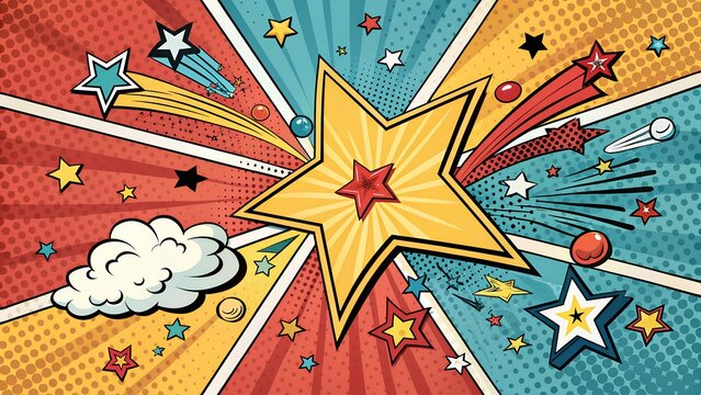 Explosive retro comic book explosion bursting with vibrant stars, action lines, and a bold yellow star centerpiece, perfect for energetic designs - Powered by Adobe