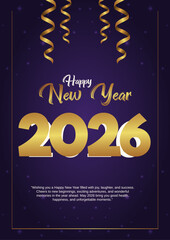 Happy New Year 2026 Golden Poster Design, Luxury 2026 Celebration Greeting Card, Elegant Midnight Blue and Gold New Year Banner, Festive 2026 Party Invitation Template