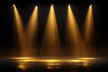 Golden stage lights isolated on a see-through backdrop, showcasing radiant beams and luminous rays, creating a glowing effect.